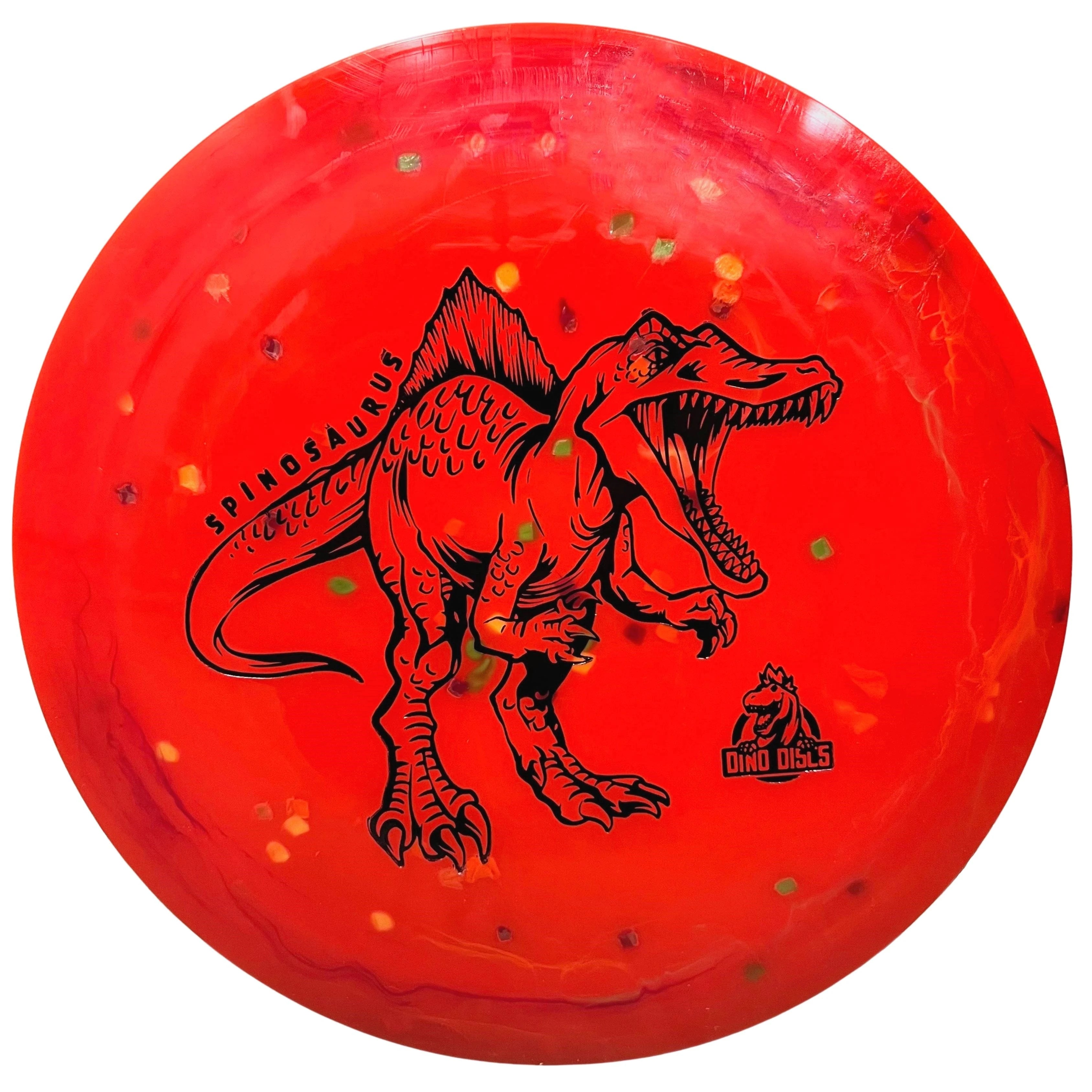 Red disc golf disc with a Spinosaurus illustration.